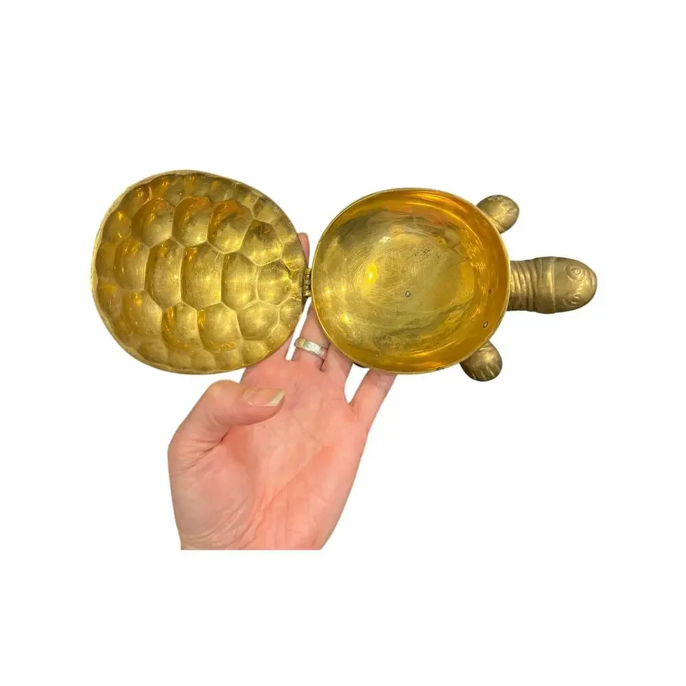 Vintage Brass Turtle Trinket Box Hinged Tortoise Figurine Mid Century 6 inches